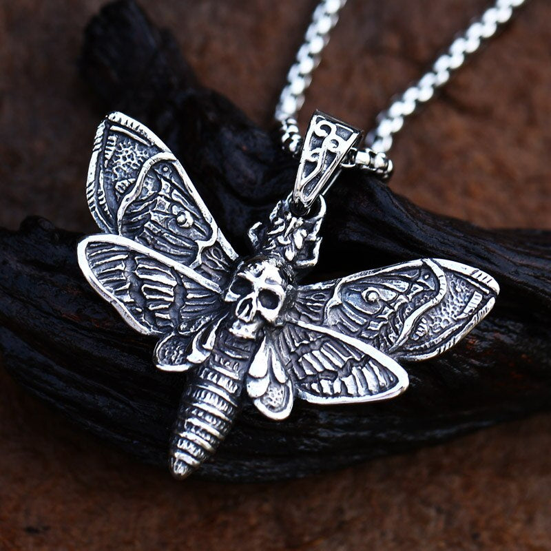 Gothic Necklace – Dead Head Skull Moth Pendant Dark Statement Jewelry