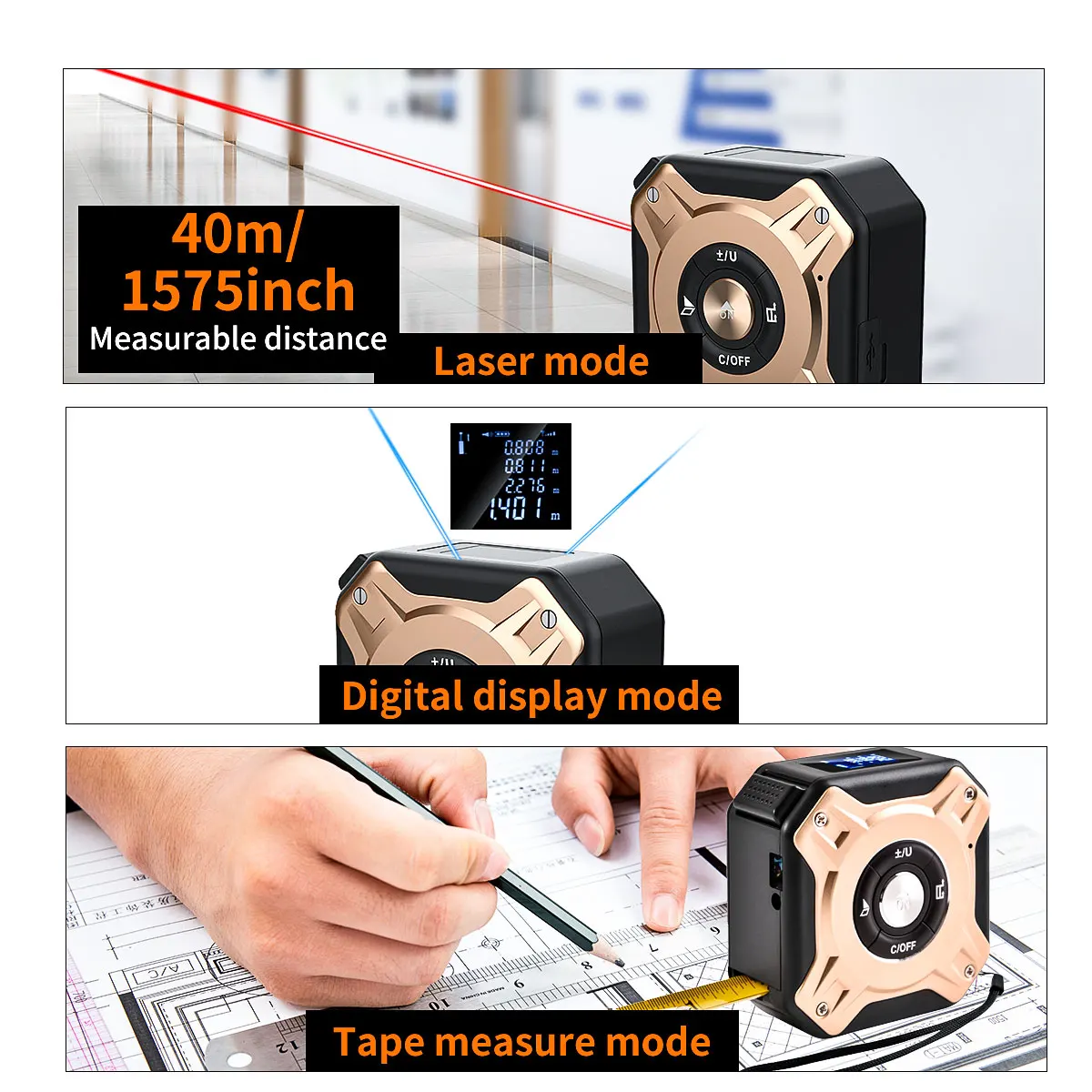 Laser Tape Measure 2-in-1 135ft USB Rechargeable Digital Construction DIY Professional