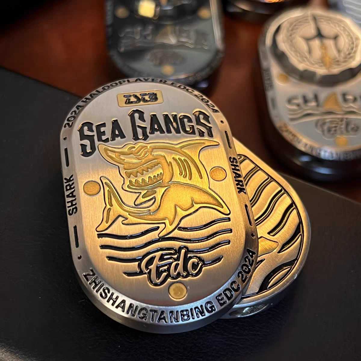 Sea Shark EDC Slider - Stainless Steel with Brass Shark Inlay
