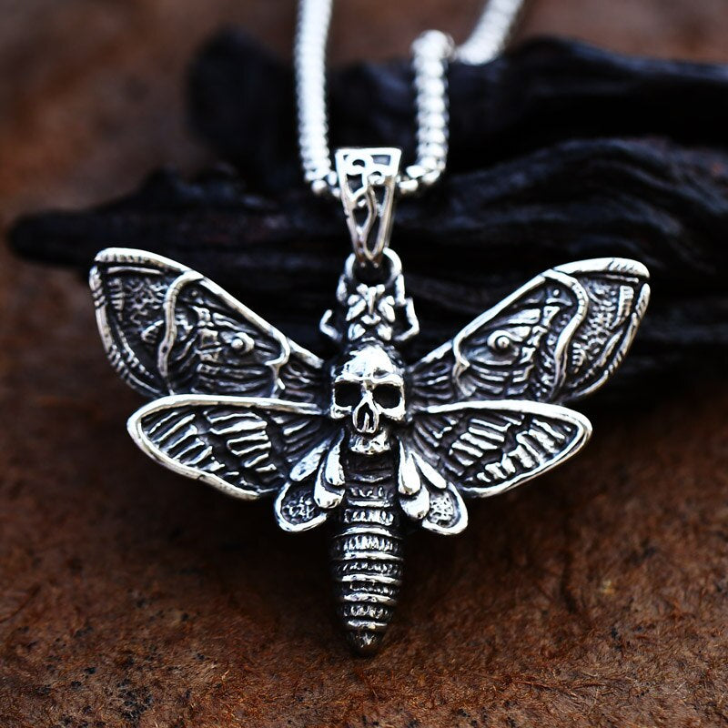 Gothic Necklace – Dead Head Skull Moth Pendant Dark Statement Jewelry
