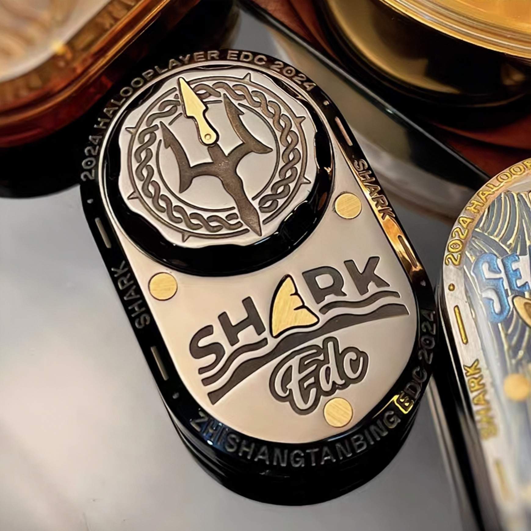 Sea Shark EDC Slider - Stainless Steel with Brass Shark Inlay
