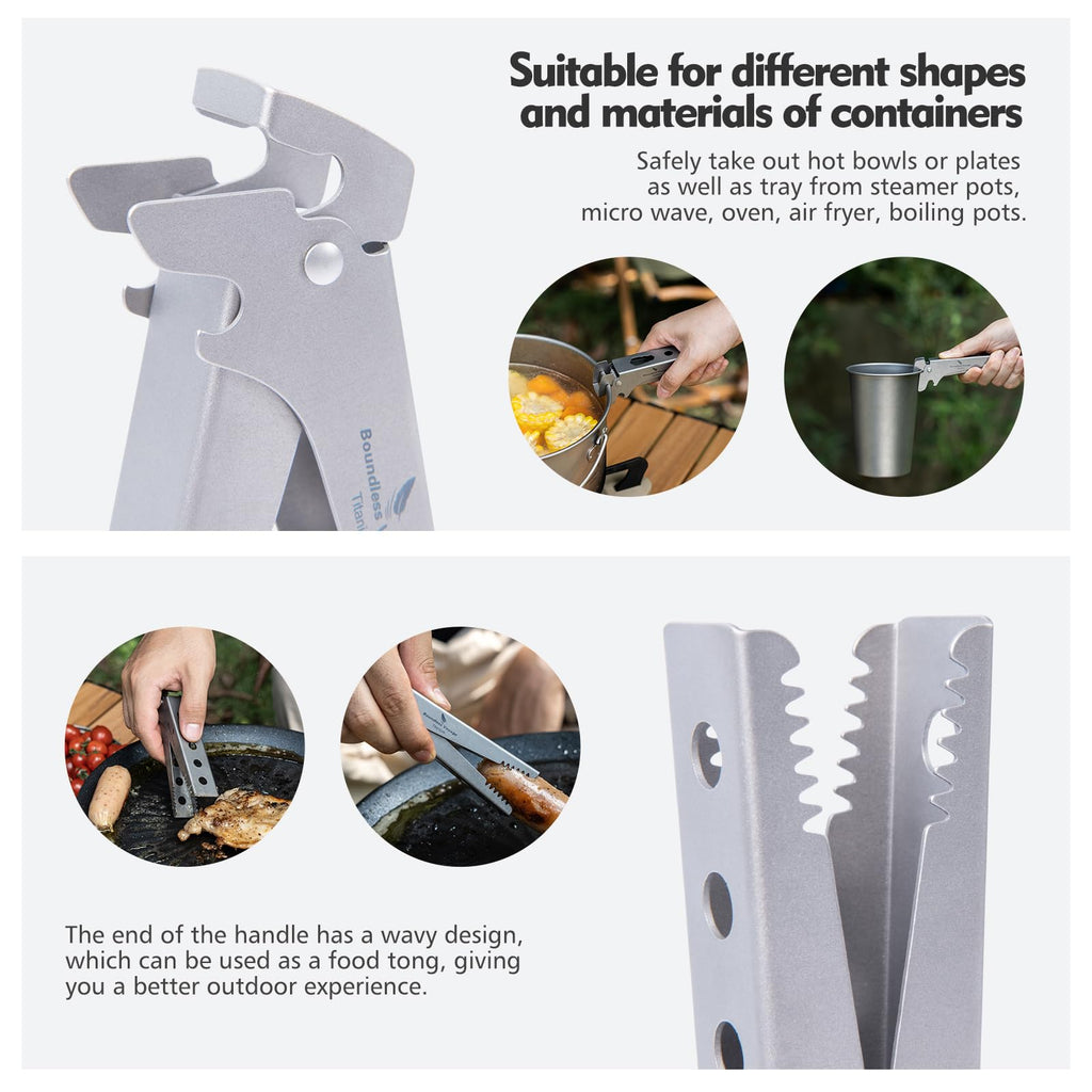 Pure Titanium Camping Tongs - 3-in-1 Pot Gripper, Bottle Opener & Wrench