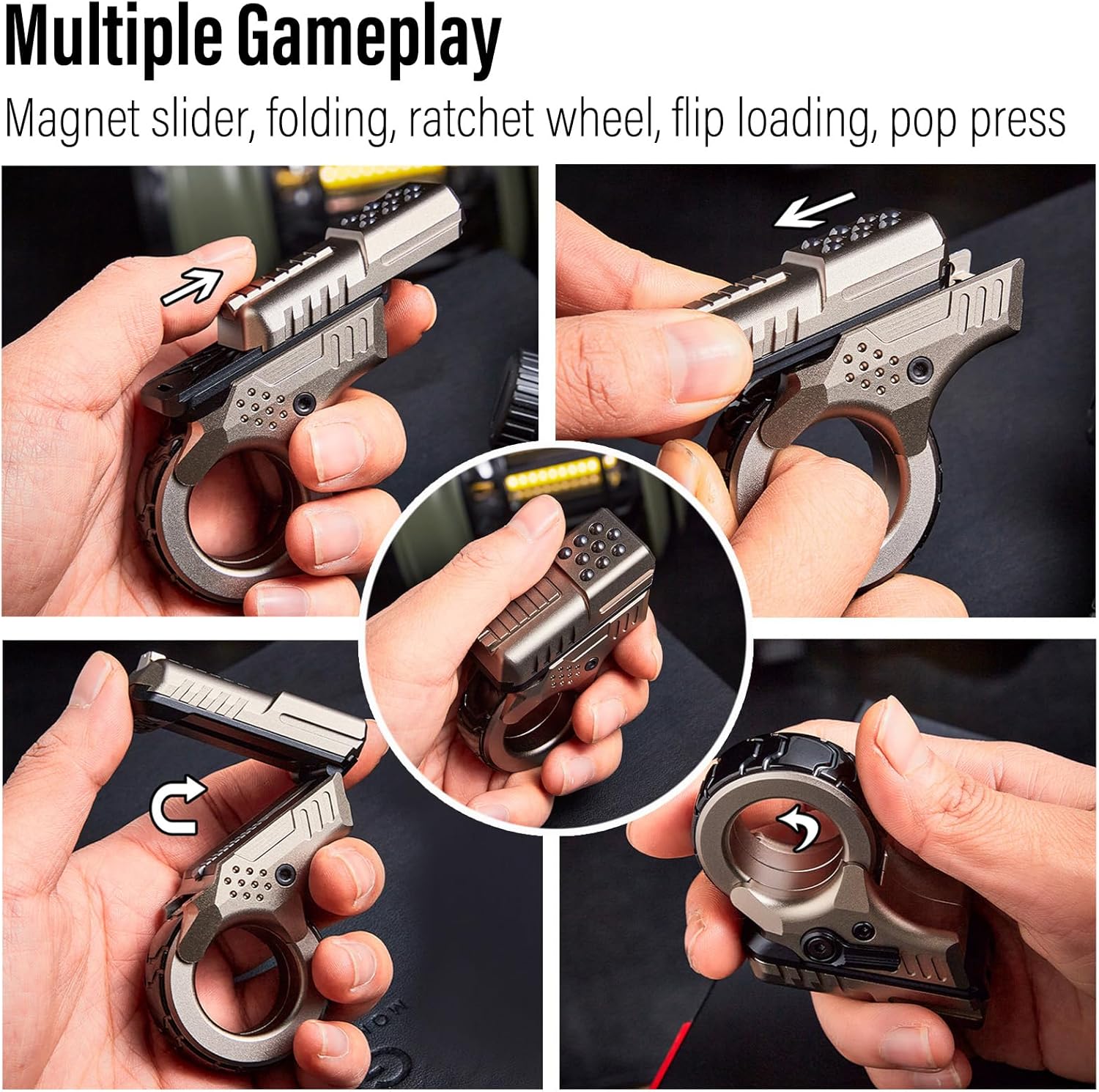 Mini Marksman Titanium Magnetic Fidget Toy - Metal with Pop Push Press, Slider & Ratchet Ring