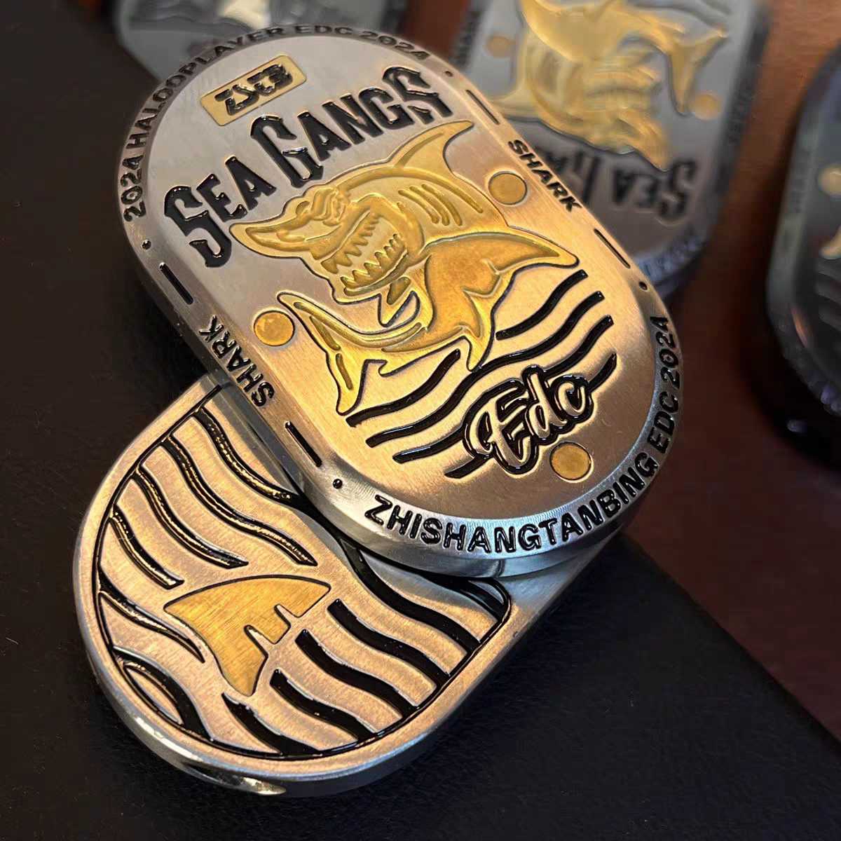 Sea Shark EDC Slider - Stainless Steel with Brass Shark Inlay