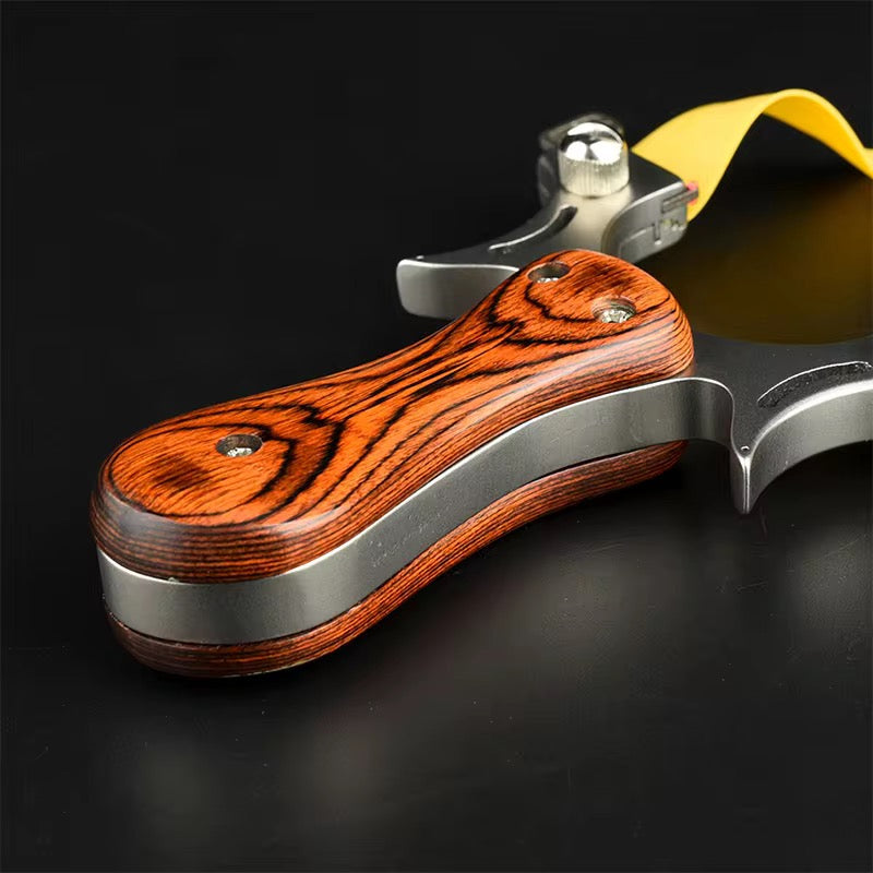 Wrist Rocket Slingshot – Wooden Handle Steel Fork with Fiber Optic Sight for Outdoor Shooting