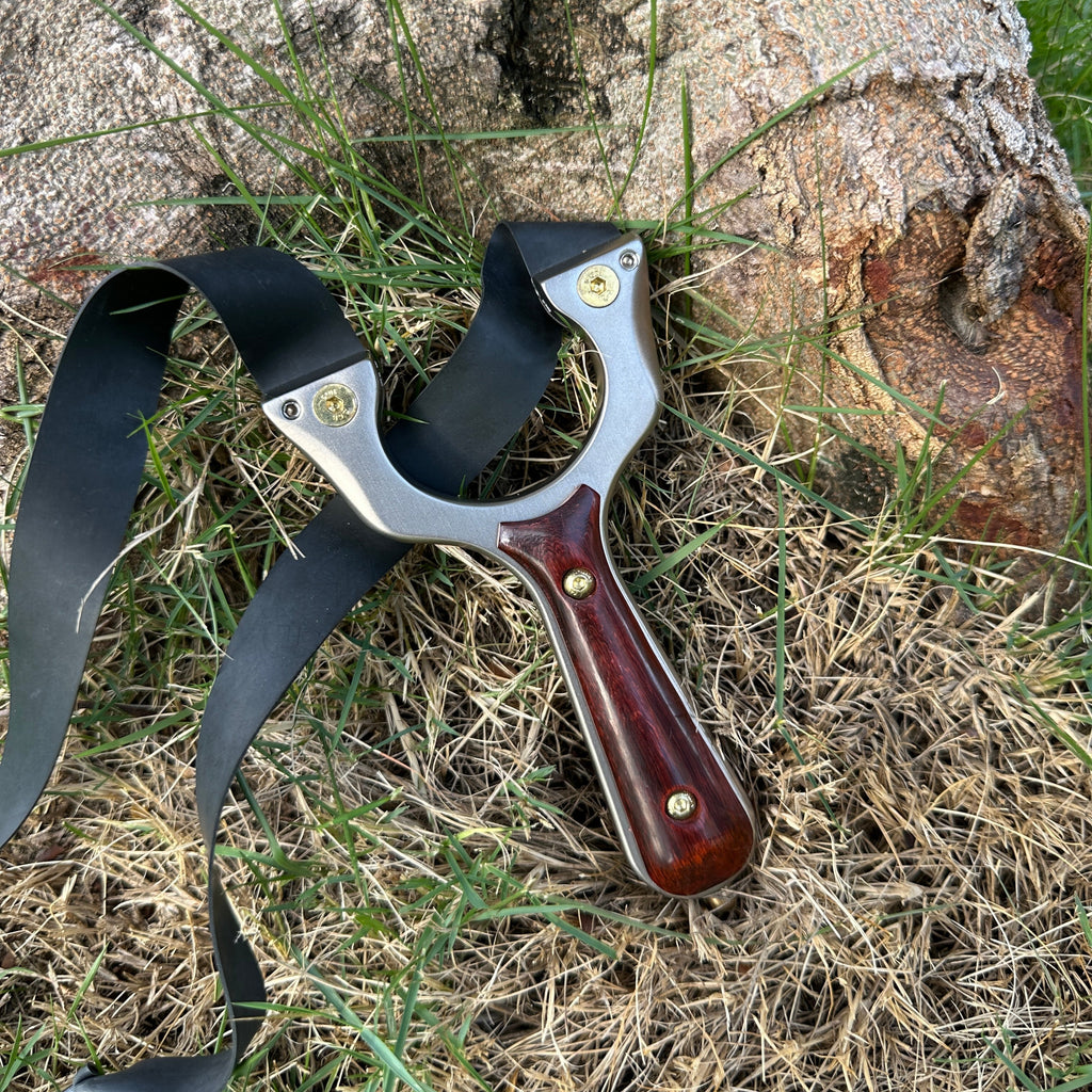 Tactical Slingshot – Stainless Steel Wooden Handle Hunting Slingshot for Target Practice