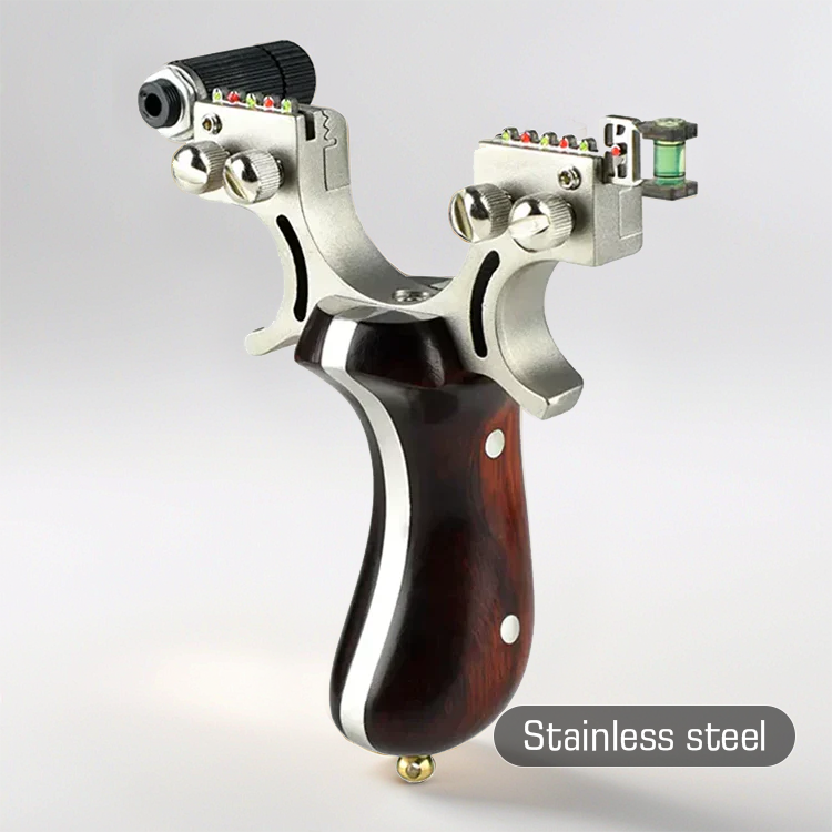 Hunting Slingshot – Stainless Steel Wood Handle Slingshot with Laser & Level Fiber Optic Sight