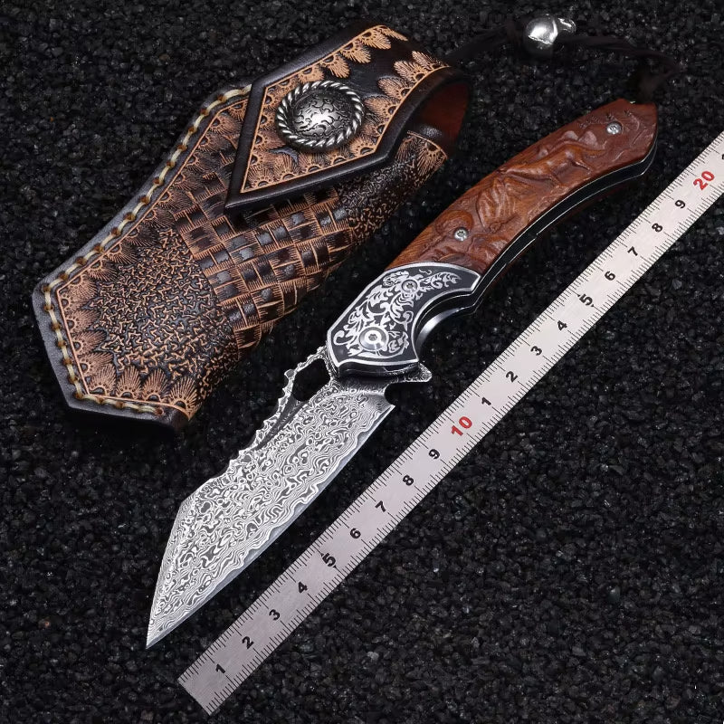 Damascus Folding Knife VG10 Steel Ironwood Handle Wave Pattern EDC Collector Knife