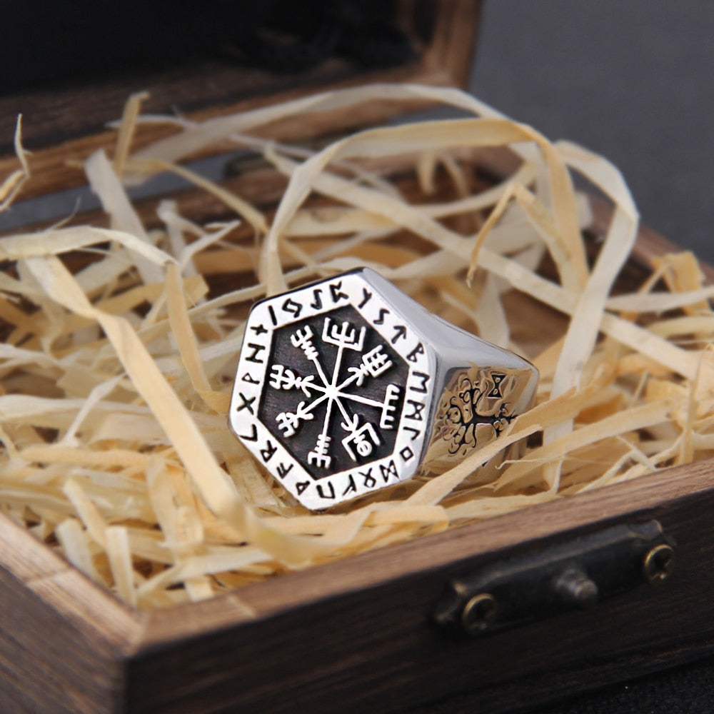 Viking Compass Ring – Vegvisir Hexagon Norse Rune Geometric Gothic Band