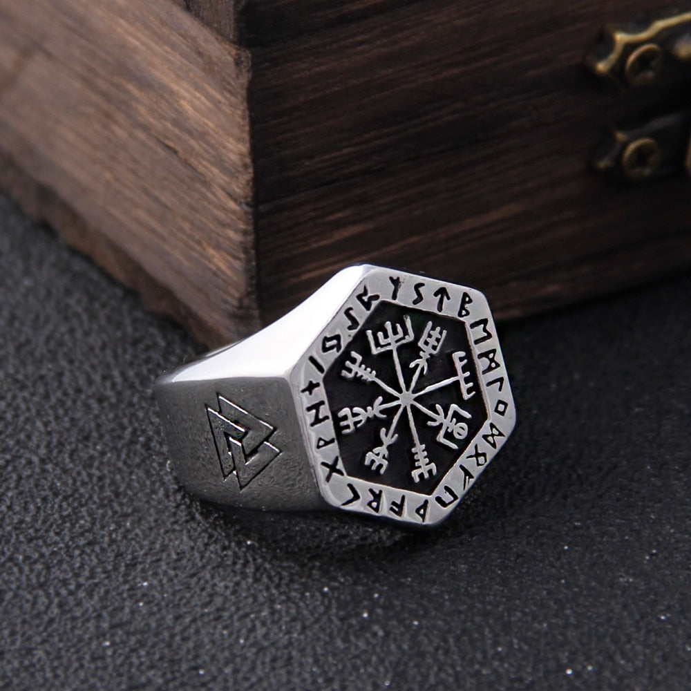 Viking Compass Ring – Vegvisir Hexagon Norse Rune Geometric Gothic Band