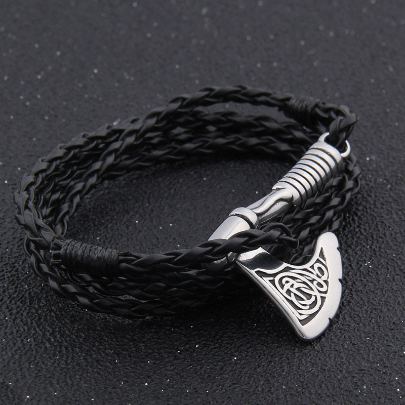 Leather Bracelet – Viking Combat Axe Valknut Nordic Amulet Multilayer Bangle