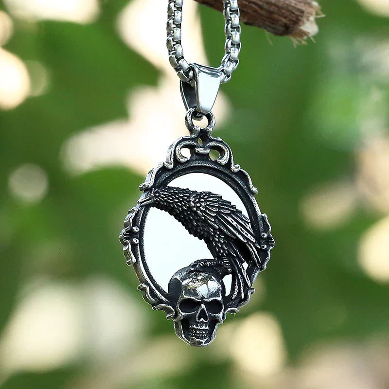 Skull Necklace – Omen Crow Gothic Punk Dark Statement Pendant