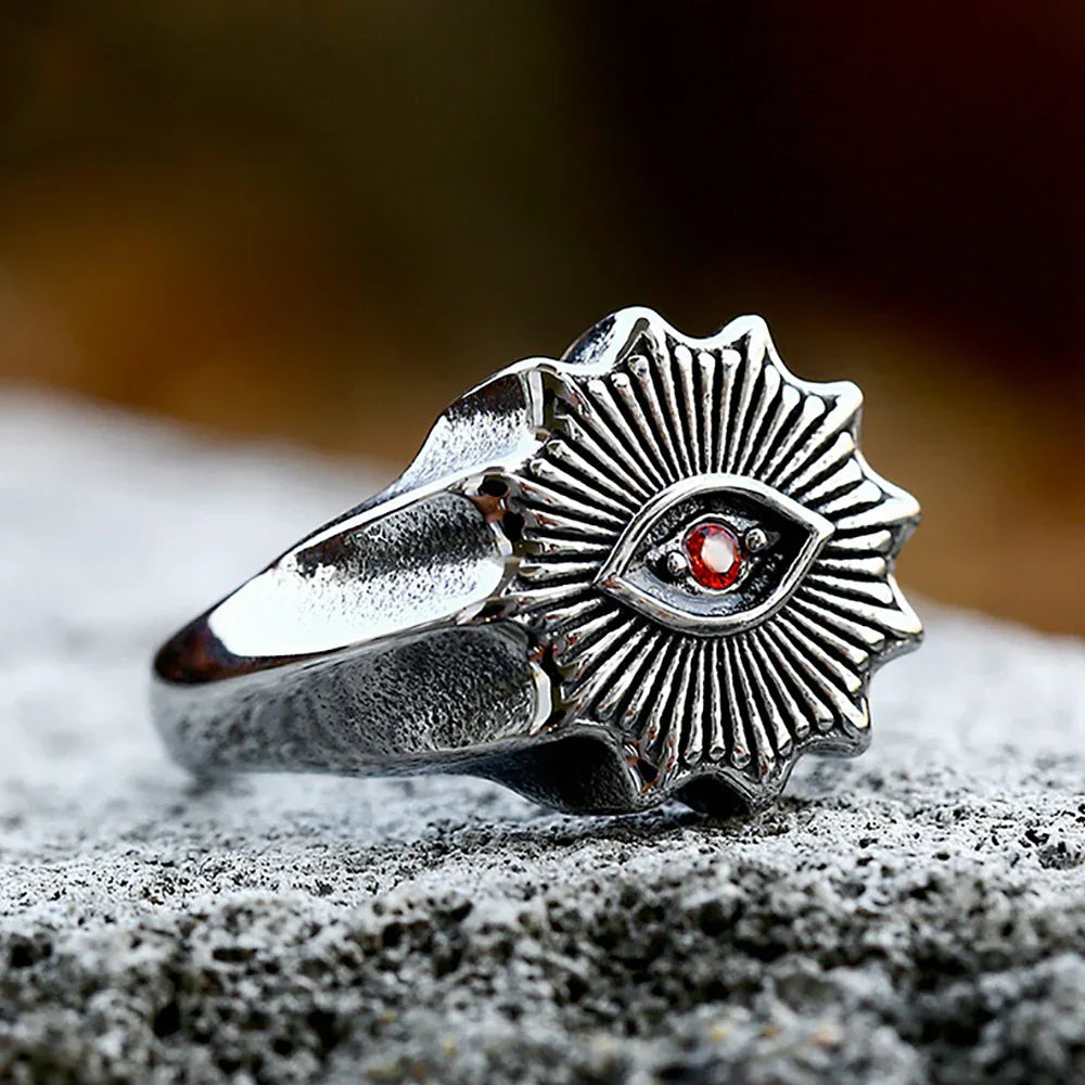 Cool Rings for Men – Crimson Demon Eye Rune Gothic Viking Punk Biker Ring