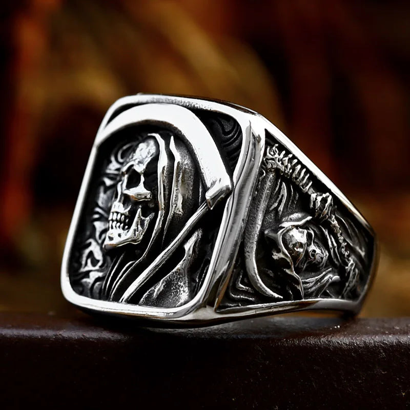 Grim Reaper Ring – Eerie Skull Scythe Stainless Steel Gothic Punk Biker Ring for Men