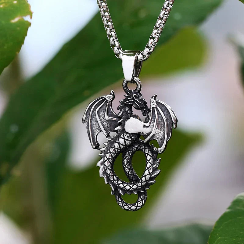 Gothic Dragon Necklace – Stainless Steel Punk Dragon Pendant Amulet for Men Women