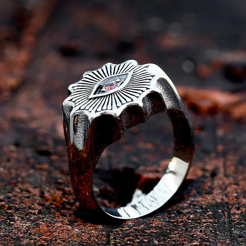 Cool Rings for Men – Crimson Demon Eye Rune Gothic Viking Punk Biker Ring