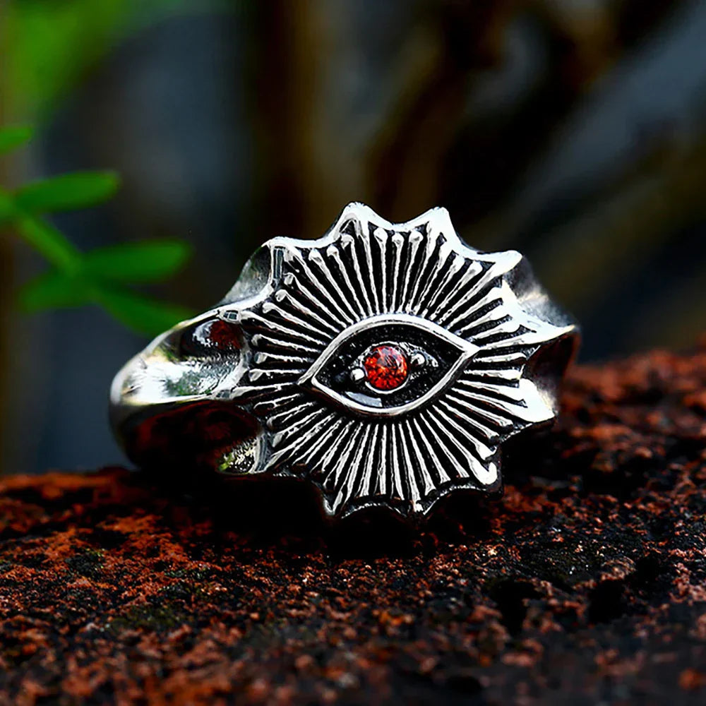 Cool Rings for Men – Crimson Demon Eye Rune Gothic Viking Punk Biker Ring