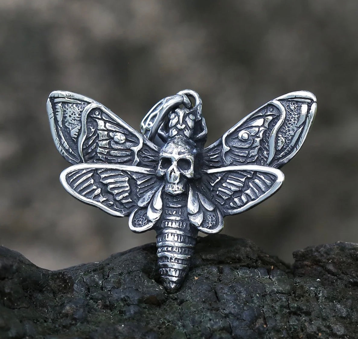 Gothic Necklace – Dead Head Skull Moth Pendant Dark Statement Jewelry