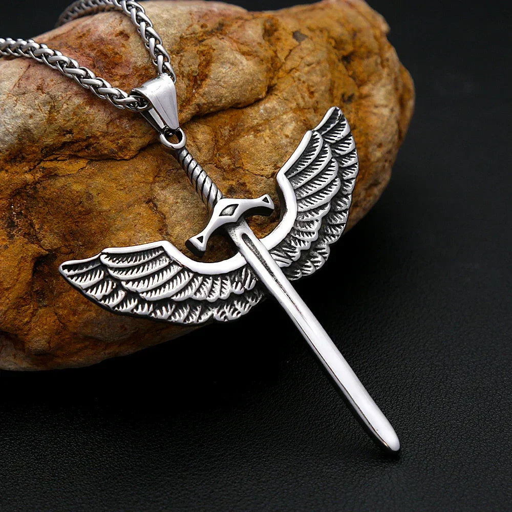 Punk Necklace – Angelic Sword Angel Wings Viking Gothic Biker Pendant