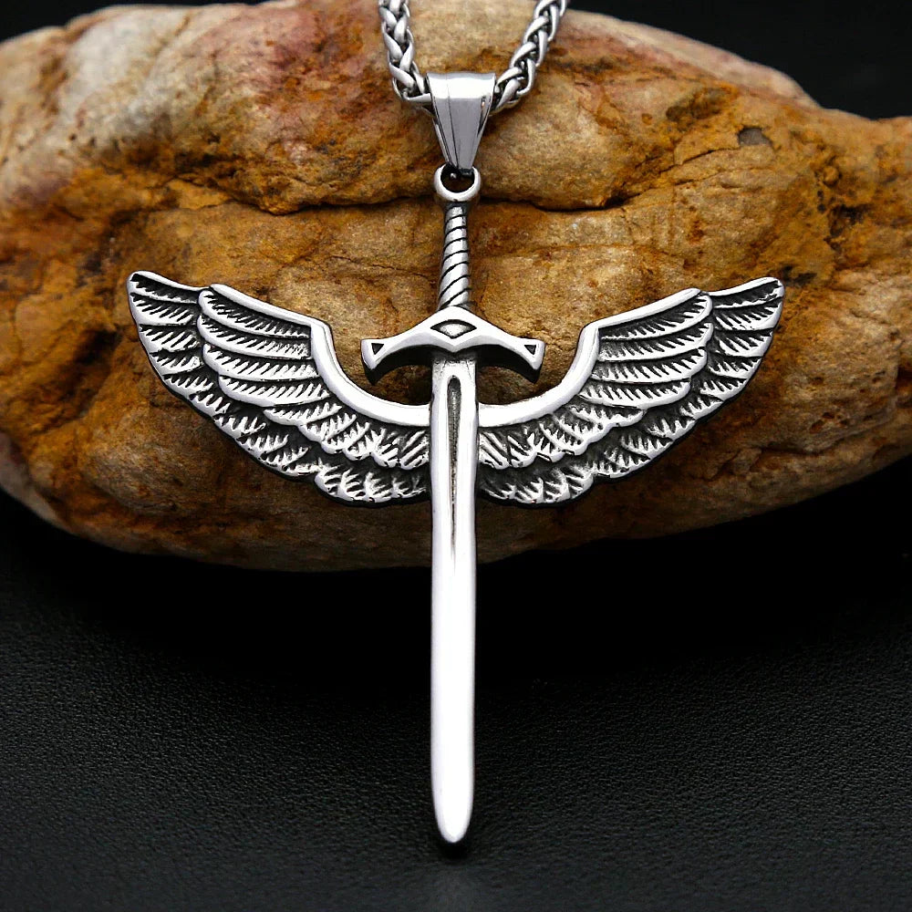 Punk Necklace – Angelic Sword Angel Wings Viking Gothic Biker Pendant