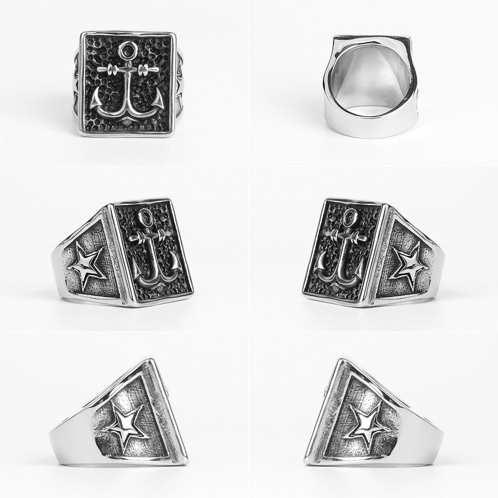 Biker Ring – Navy Anchor Ocean Star Punk Rock Hip Hop Statement Ring
