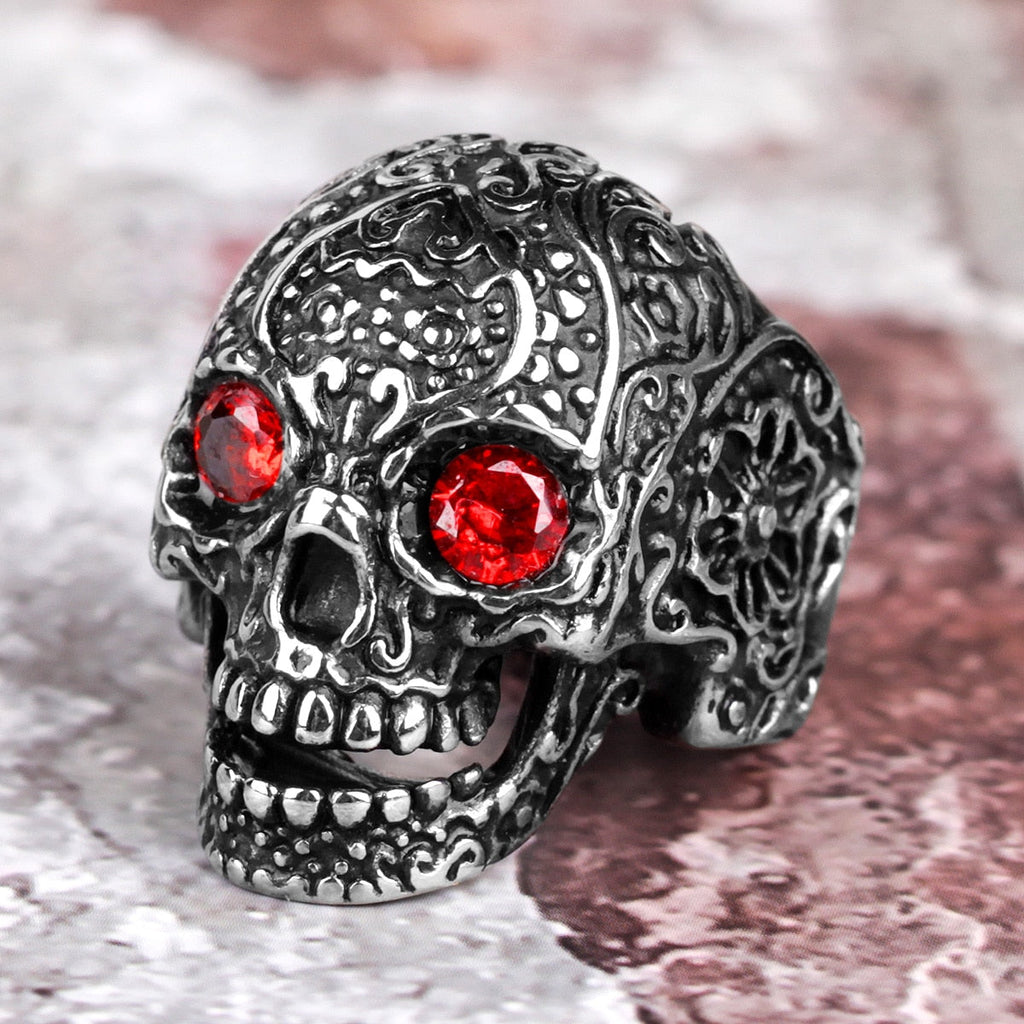 Biker Ring – Red Rhinestone Eye Skull Gothic Punk Rock Statement Ring