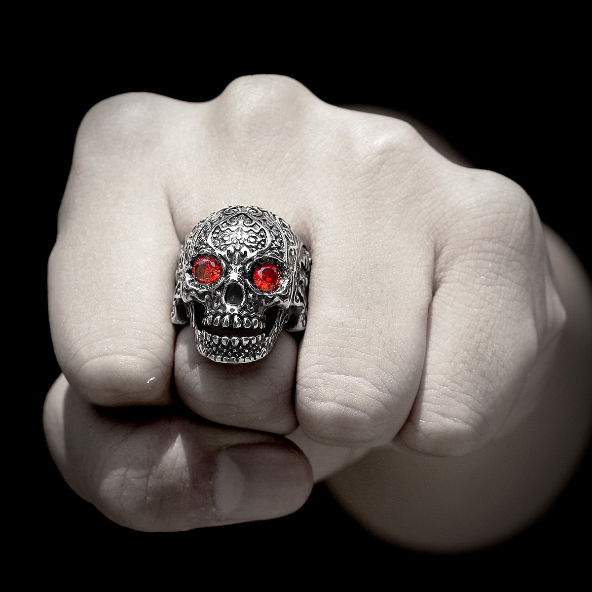 Biker Ring – Red Rhinestone Eye Skull Gothic Punk Rock Statement Ring