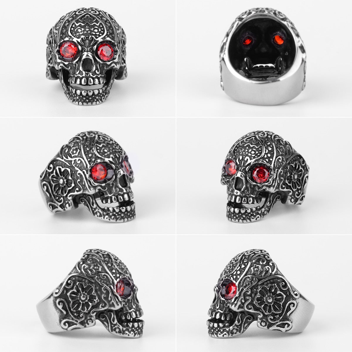 Biker Ring – Red Rhinestone Eye Skull Gothic Punk Rock Statement Ring