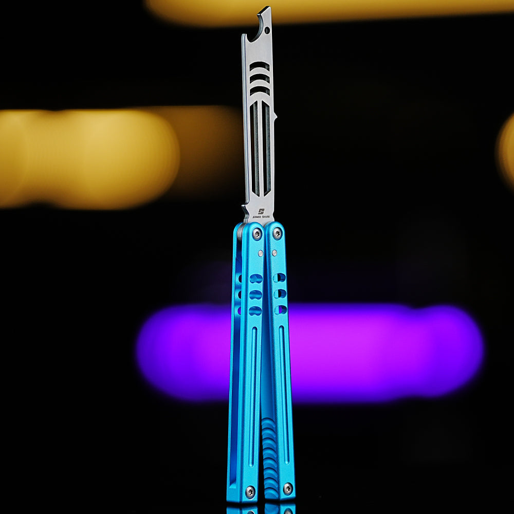 Bottle Opener Balisong Trainer - Armed Shark Inked Mako Butterfly Knife Gradient Flipper