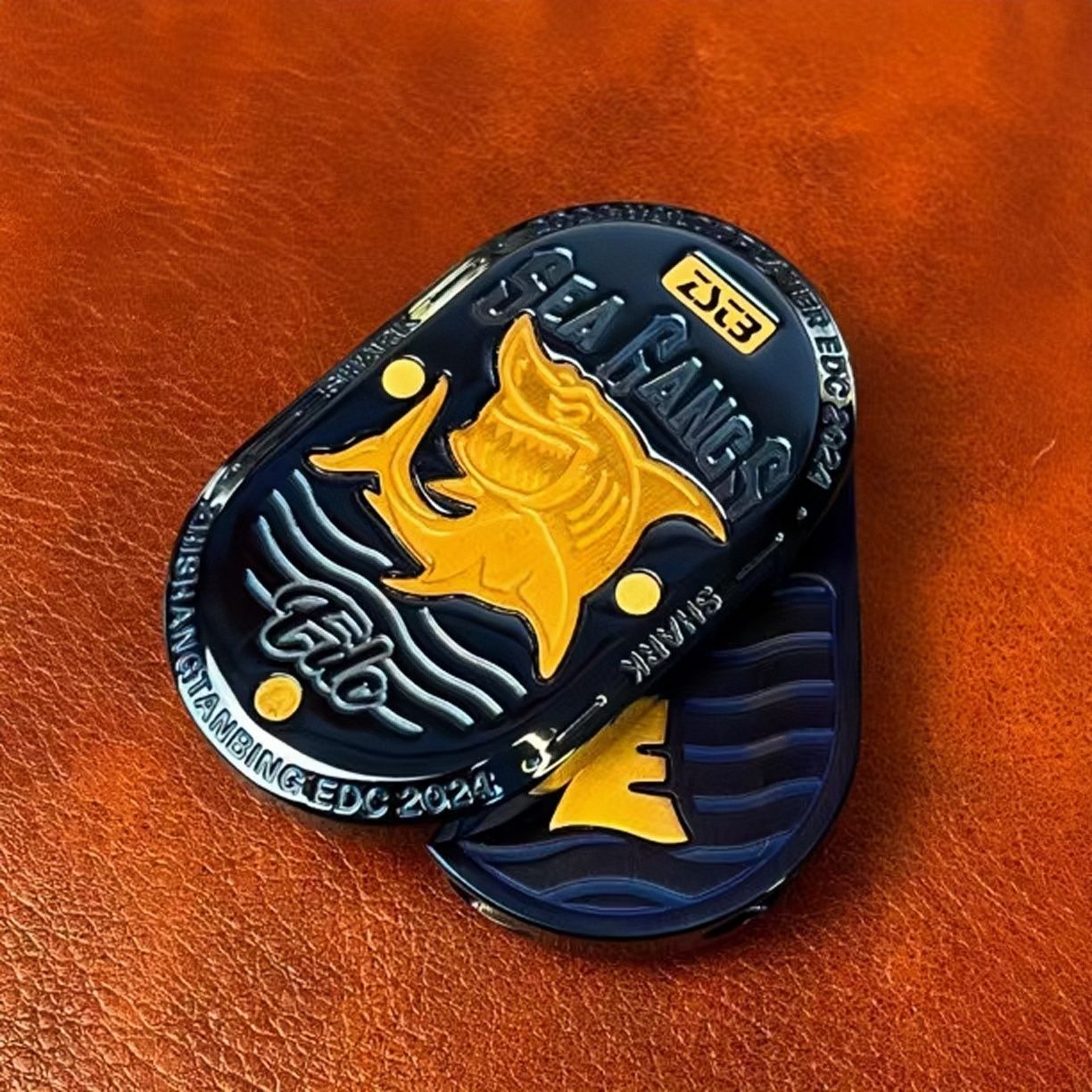 Sea Shark EDC Slider - Stainless Steel with Brass Shark Inlay