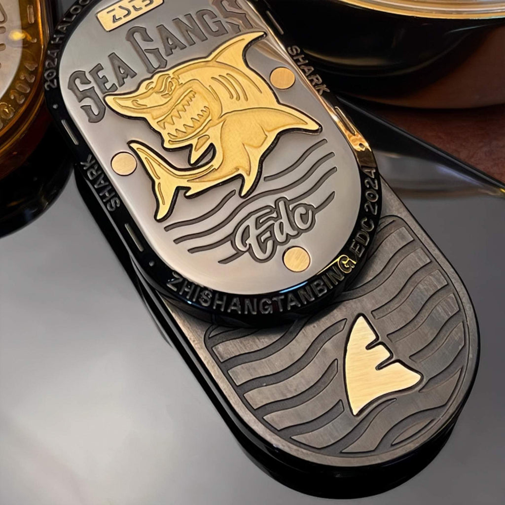 Sea Shark EDC Slider - Stainless Steel with Brass Shark Inlay