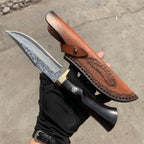 Damascus EDC Knife – Hand Forged SKD-11 Steel Purple Heartwood Leather Sheath Survival detail image - detail view 12