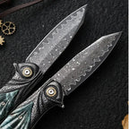 Damascus Folding Knife – Peacock Forge VG10 Pocket with Hand-Carved Handle EDC detail image