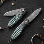 Damascus Folding Knife – Peacock Forge VG10 Pocket with Hand-Carved Handle EDC product image