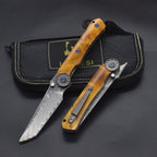 Damascus Folding Knife – SolarFlame EDC with VG10 Steel with Golden Phoebe Handle detail image