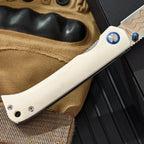 Damascus Folding Knife – Winged Avian with G10 Handle & Zirconium Inlay with 59HRC detail image - detail view 8