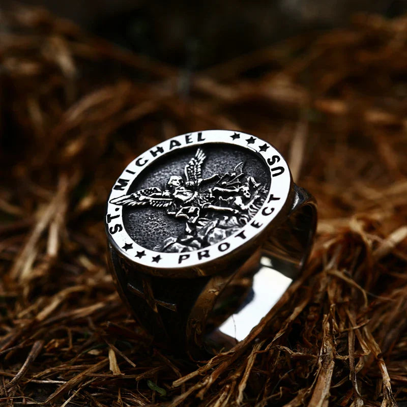 Gothic Cross Ring – Saint Michael with Mystic Guardian Punk Statement detail image