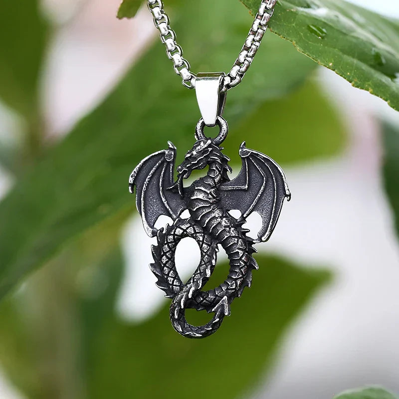 Gothic Dragon Necklace – Stainless Steel Punk Pendant Amulet detail image
