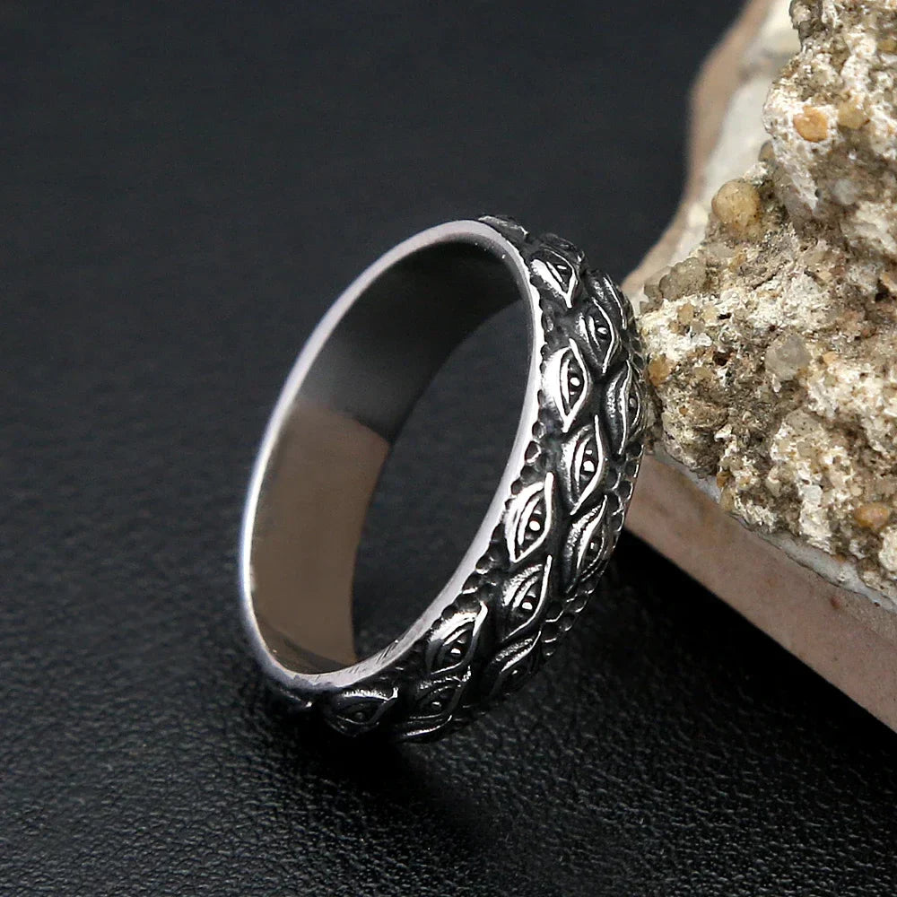 Gothic Stainless Steel Ring – Punk with Enigma All-Seeing Eye Carved Biker detail image