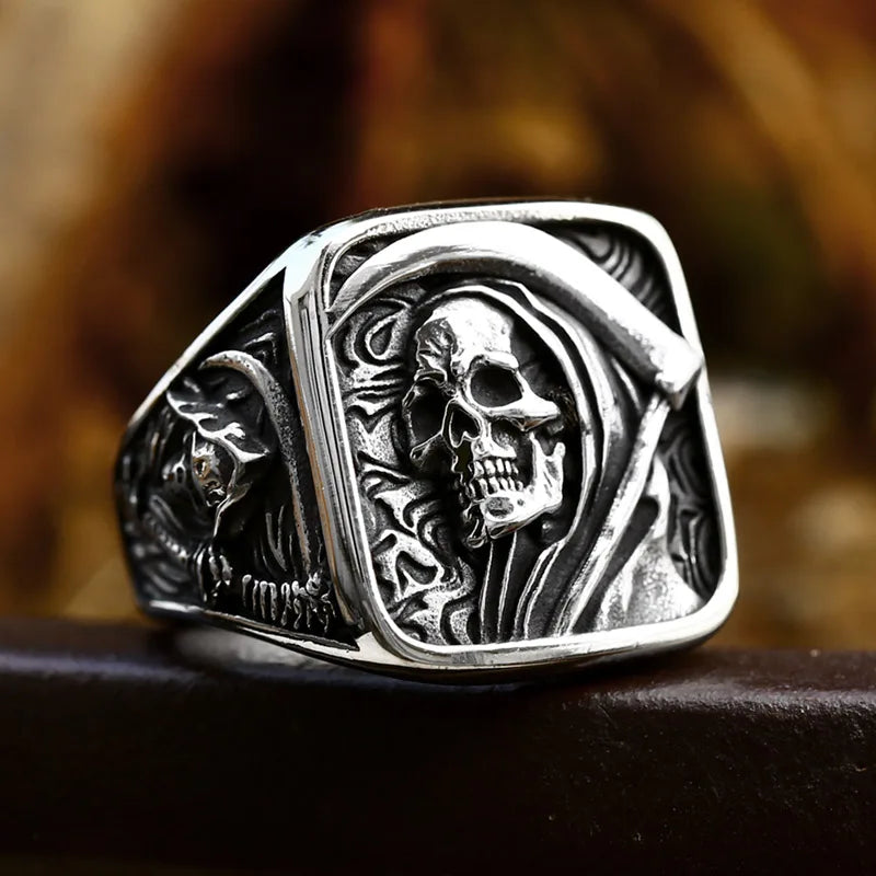 Grim Reaper Ring – Eerie Skull Scythe Stainless Steel Gothic Punk Biker Ring for Men
