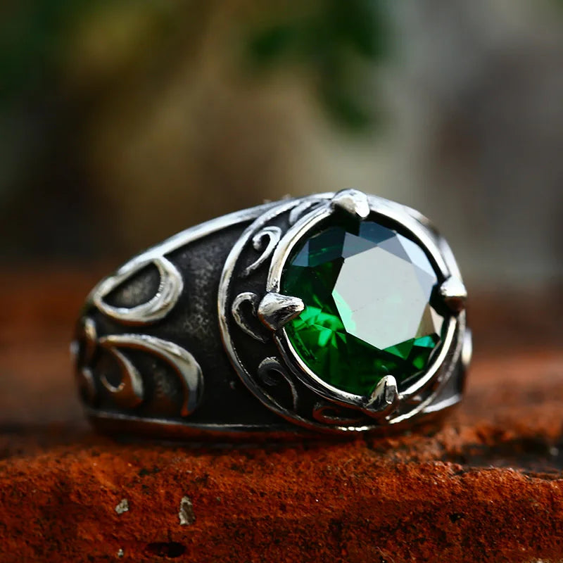Viking Ring – Emerald Stone Norse Rune Gothic Punk Band