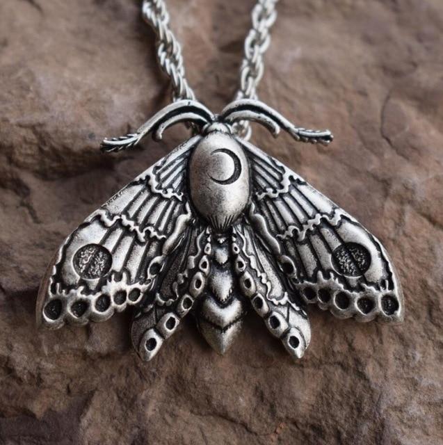 Gothic Necklace – Dead Head Skull Moth Pendant Dark Statement Jewelry