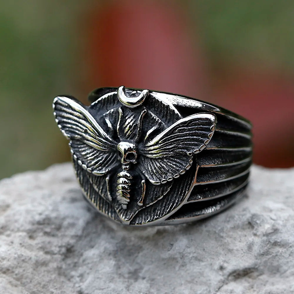 Skull Ring – Death's Head Moth 316L Stainless Steel Gothic Punk Biker Ring for Men Women