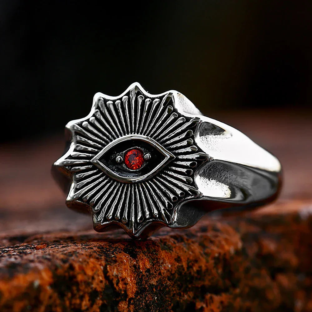 Cool Rings for Men – Crimson Demon Eye Rune Gothic Viking Punk Biker Ring