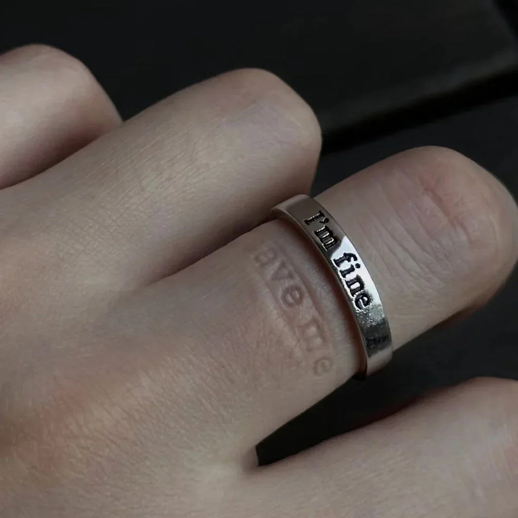Statement Ring Punk Gothic – "I'm Fine Save Me" Hidden Message Open Band