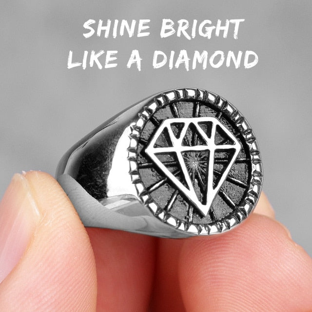 Hip Hop Ring – Rhinestone Diamond 316L Stainless Steel Punk Rock Biker Ring for Men