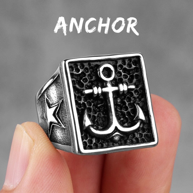 Biker Ring – Navy Anchor Ocean Star Punk Rock Hip Hop Statement Ring
