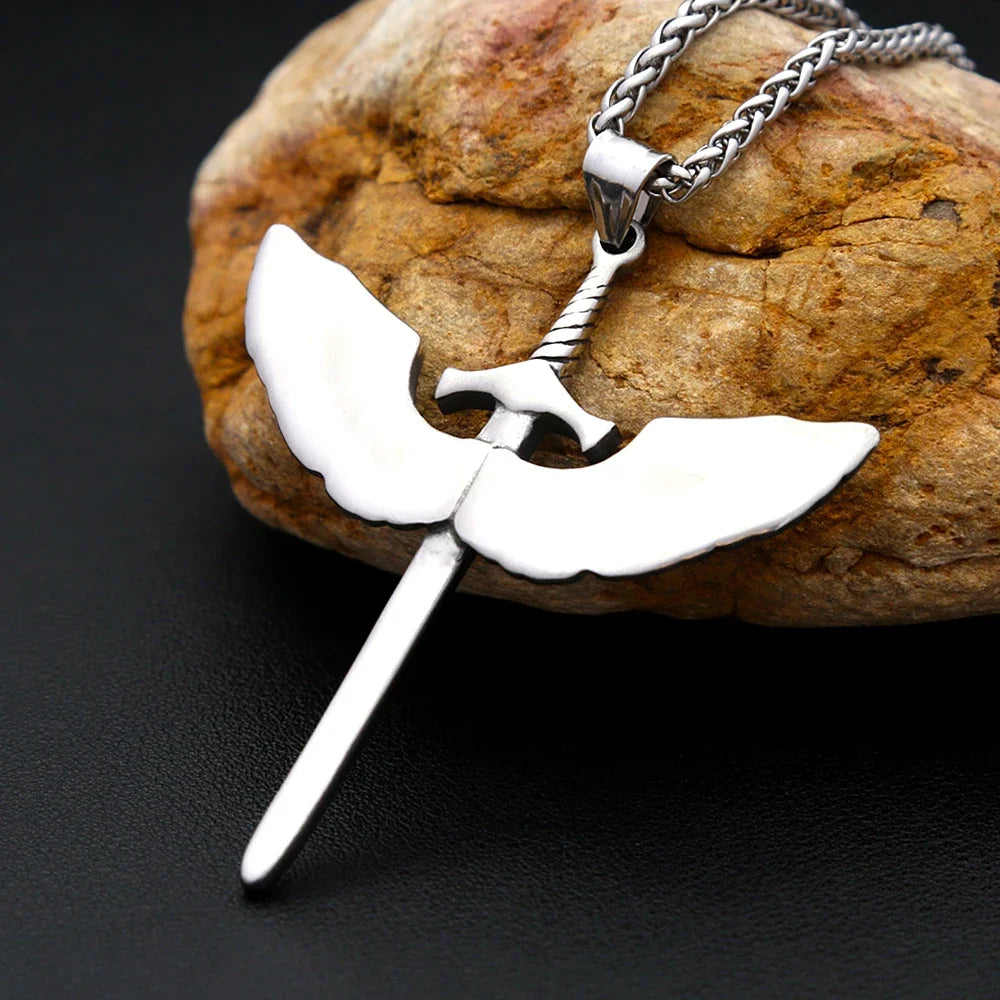 Viking Rune Necklace – Punk with Angelic Sword Angel Wings Gothic Biker Pendant detail image - detail view 5